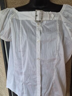 Caren Sport White Off-Shoulder Button Front Top with Rhinestone Buckle